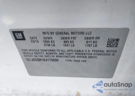 2014 Chevrolet Sonic Lt Auto z USA, uszkodzony, nr VIN 1G1JC5SH1E4173899